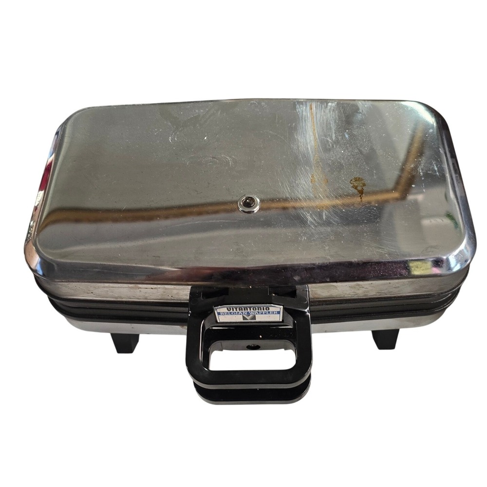 Vitantonio Belgian Waffler Model 550 Vintage Chrome 900W Made in USA 2 Slice VTG